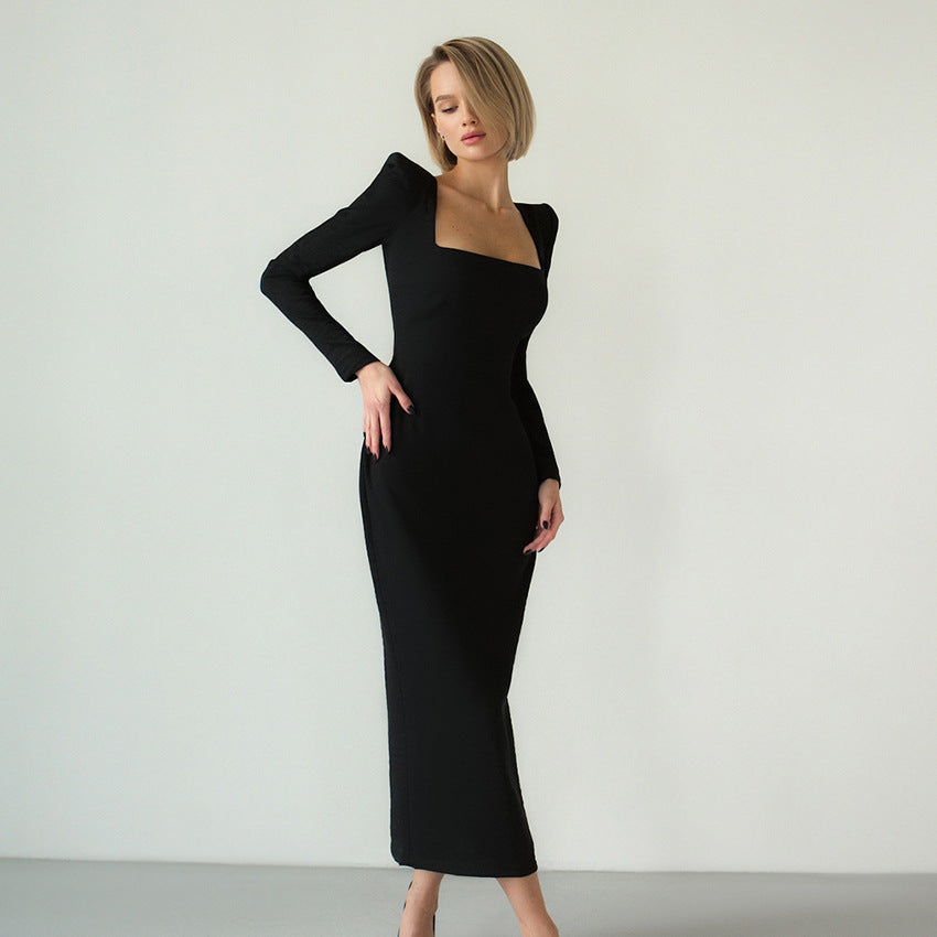 Designed Square Neckline Long Sheathe Black Dresses