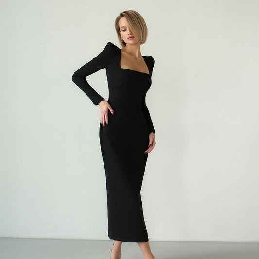 Designed Square Neckline Long Sheathe Black Dresses