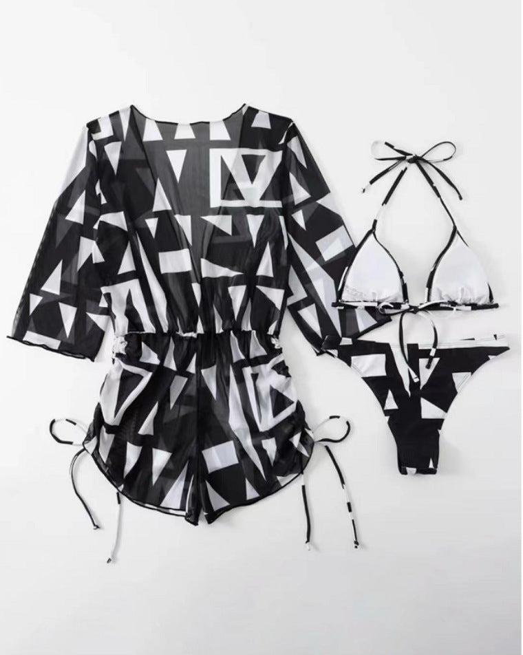 Sexy Net Drawstring 3pcs Women Swimsuits