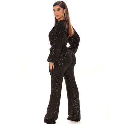 Fashion Sequined V Neck Long Sleeves Tops and Pants