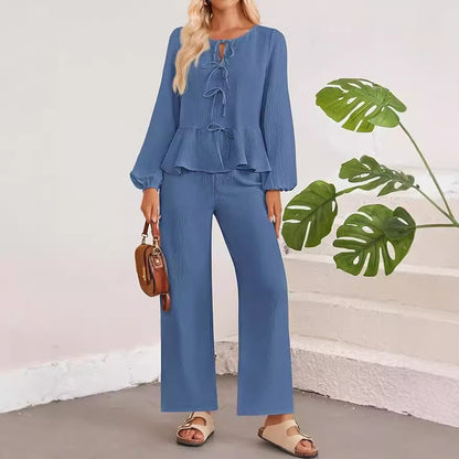 Casual Women Long Sleeves V Neck Shirts and Pants Suits