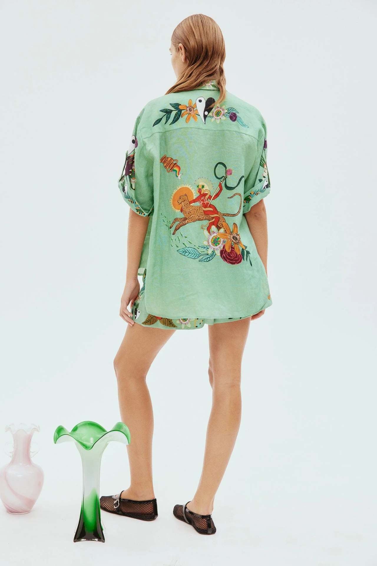 Green Linen Two Pieces Shirts and Short Pants