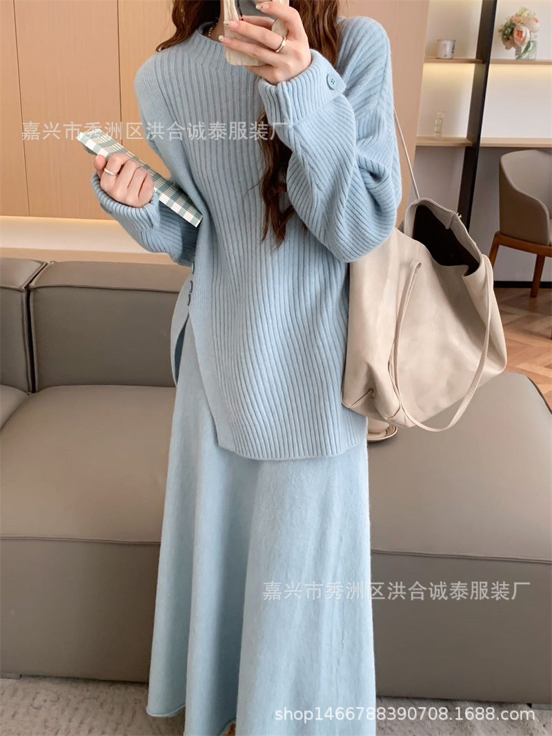 Casual Round Neck Knitted Sweaters & Split Front Skirts
