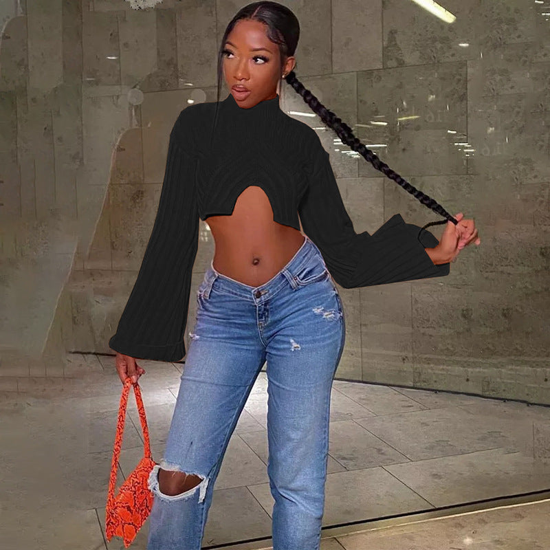 Sexy Irregular Midriff Baring Short Knitted Tops