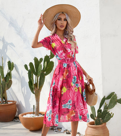 Summer Floral Print Short Sleeves Midi Dresses