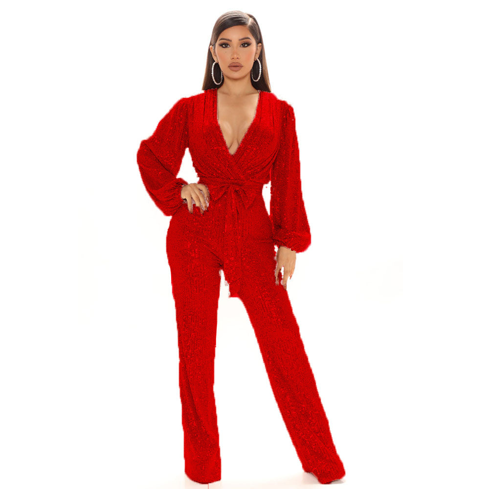 Fashion Sequined V Neck Long Sleeves Tops and Pants