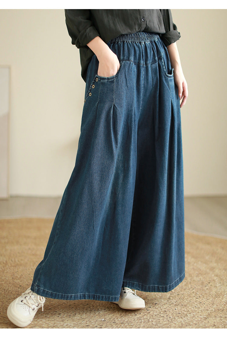 Casual Elastic Waist Fall Wide Legs Jeans for Women