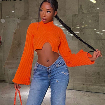 Sexy Irregular Midriff Baring Short Knitted Tops