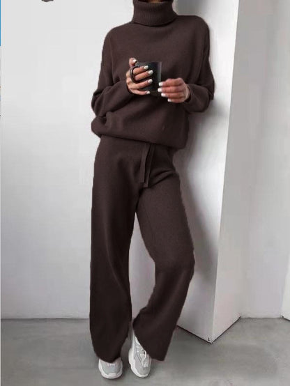 Casual High Neck Two Pieces Knitted Tops & Wide Legs Pants