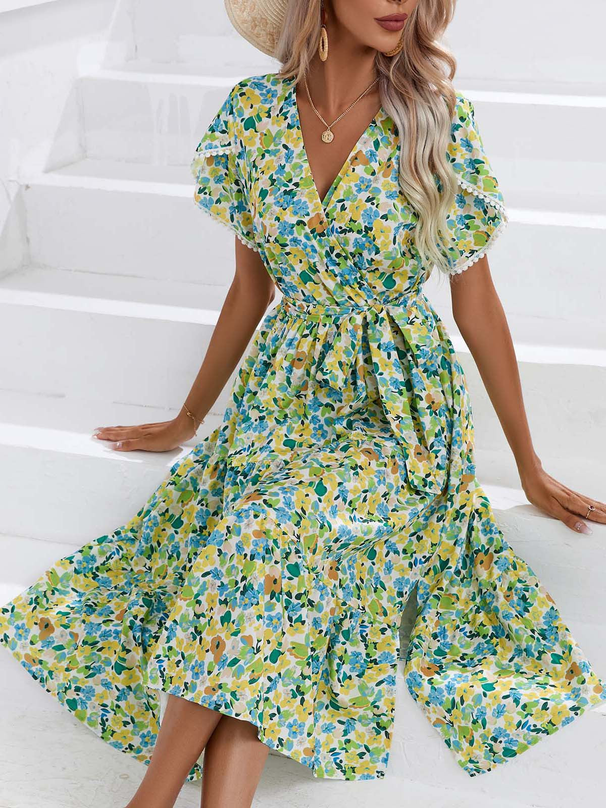 Leisure Summer V Neck Women Midi Dresses