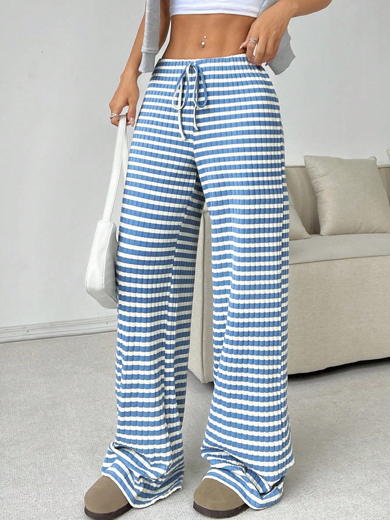 Casual Women Striped Solid Color Pull Rope Cotton Straight Pants