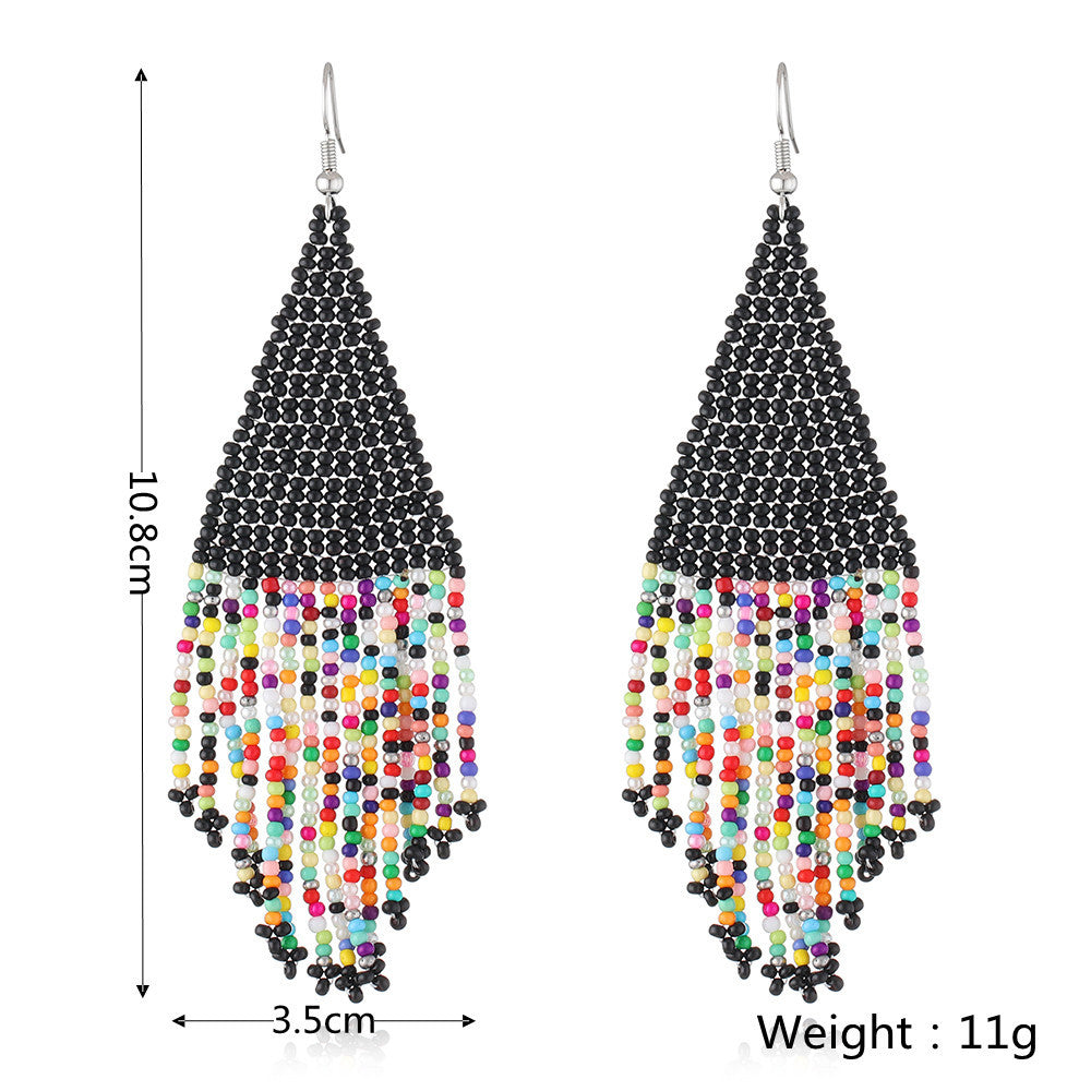 Ethnic Colored Rice Bead Earrings Femininity Bohemian Hand-woven Long Fringed Earrings