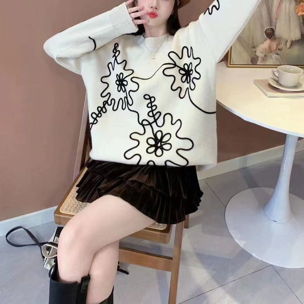 Fashion  3D Flowers Round Neck Knitted Sweaters