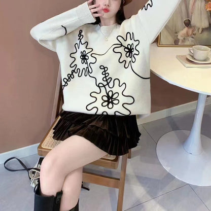 Fashion  3D Flowers Round Neck Knitted Sweaters