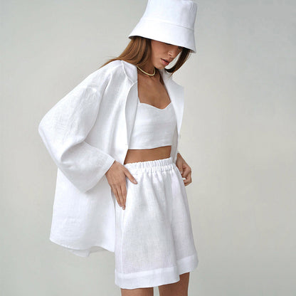 Summer Cotton Long Sleeves Shirts and Shorts Suits