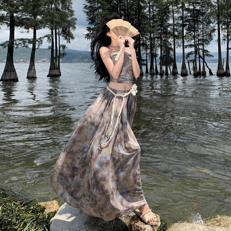 Luxury Vintage Summer Strapless Tops and Long Skirts Suits