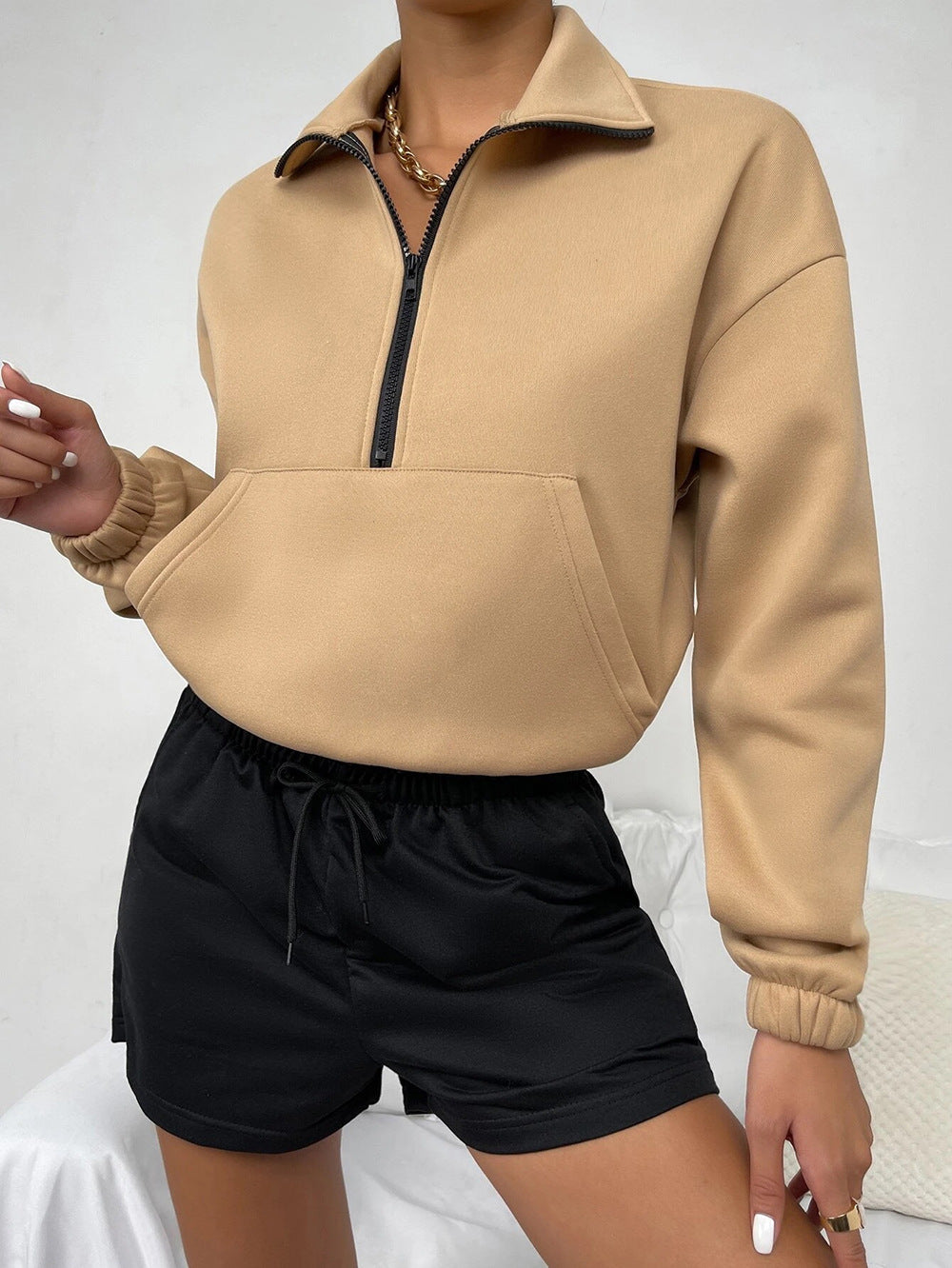 Casual Women Stand Collar Zipper Loose Hoodies