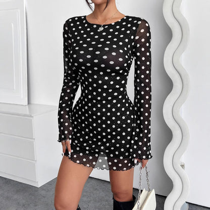 Elegant Women's Mesh Polka Dot Printing Round Neck Backless Long-sleeves Dresses