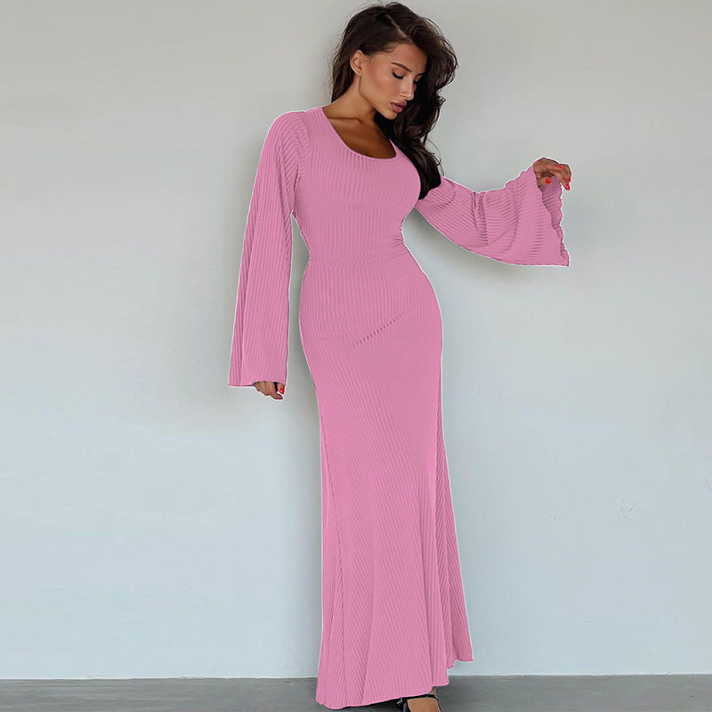 Sexy U Neck Back Lace Up Long Sleeves Dresses