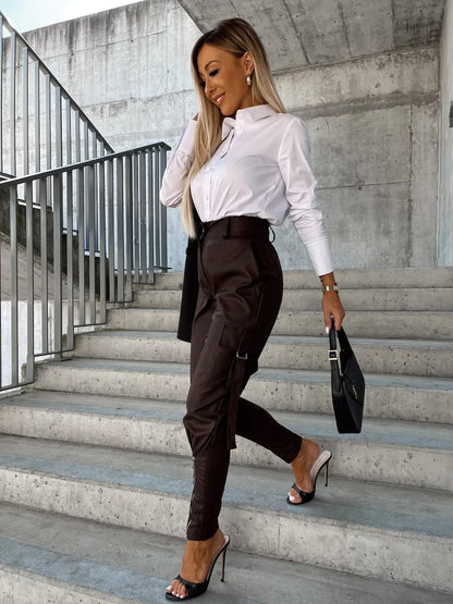 Fashion Pu Leather Slim Waist Women Pants with Pocket