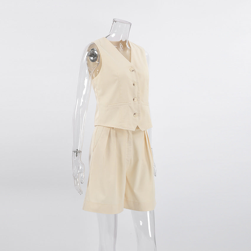 Ivory Cotton Linen Sleeveless Vest and Shorts Suits