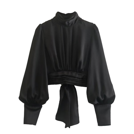 Black Satin Summer Short Blouses for Women