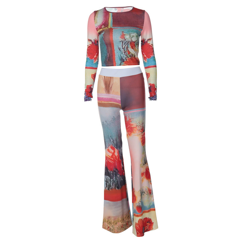 Fashion Women Floral Print Two Pieces Suits