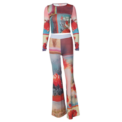 Fashion Women Floral Print Two Pieces Suits