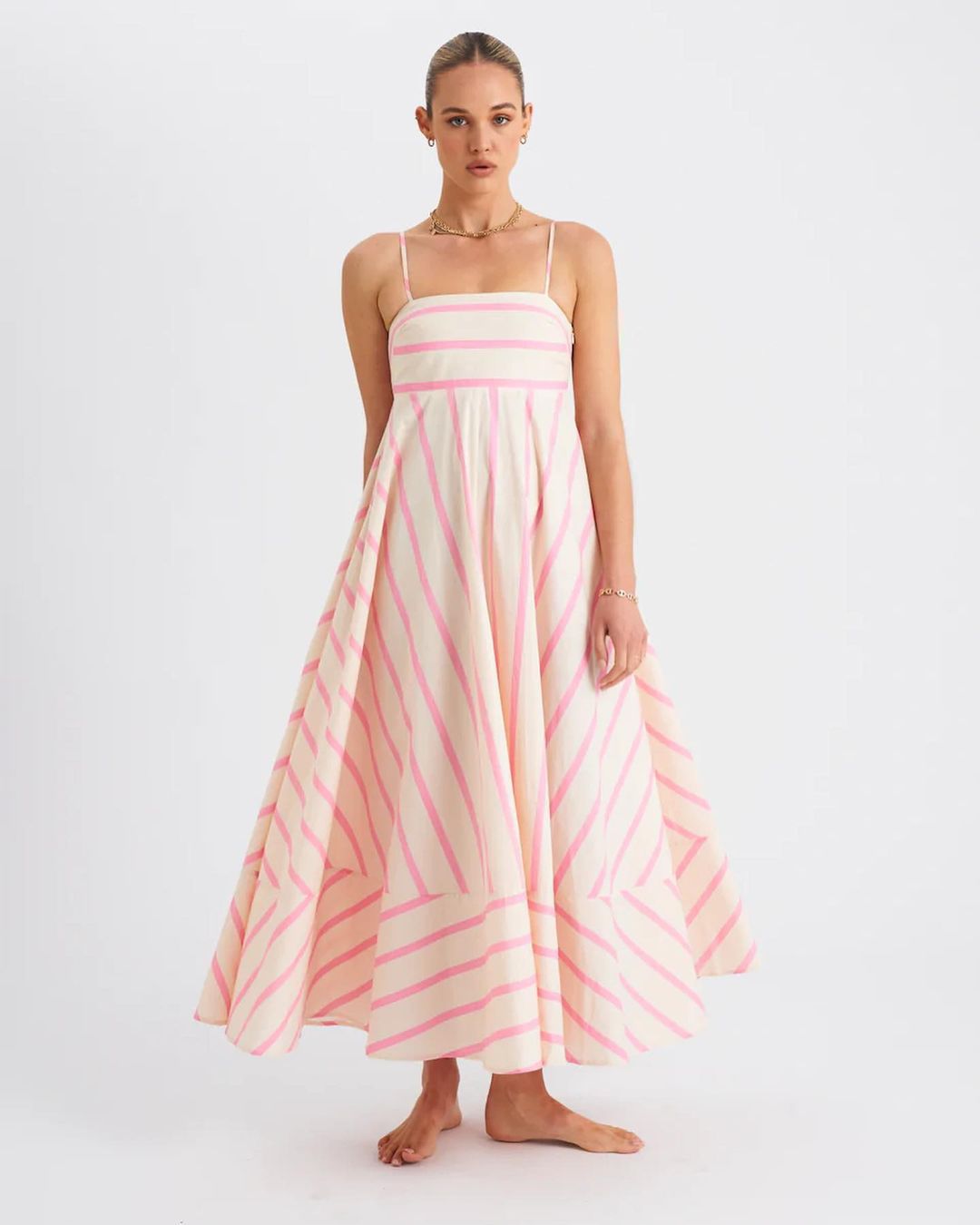 Summer Pink Striped Sleeveless Long Dresses