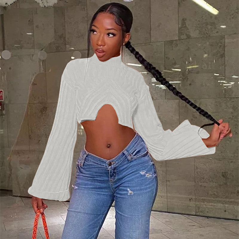 Sexy Irregular Midriff Baring Short Knitted Tops