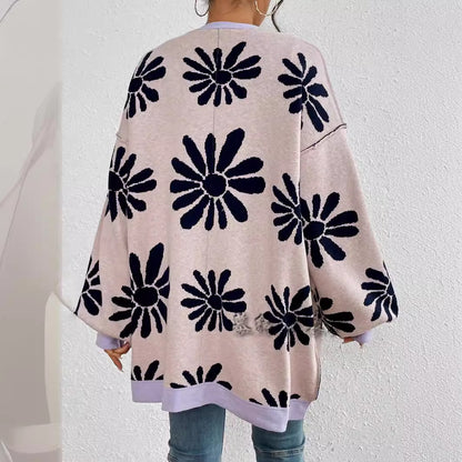 Casual Floral Print Knitted Cardigan Coats