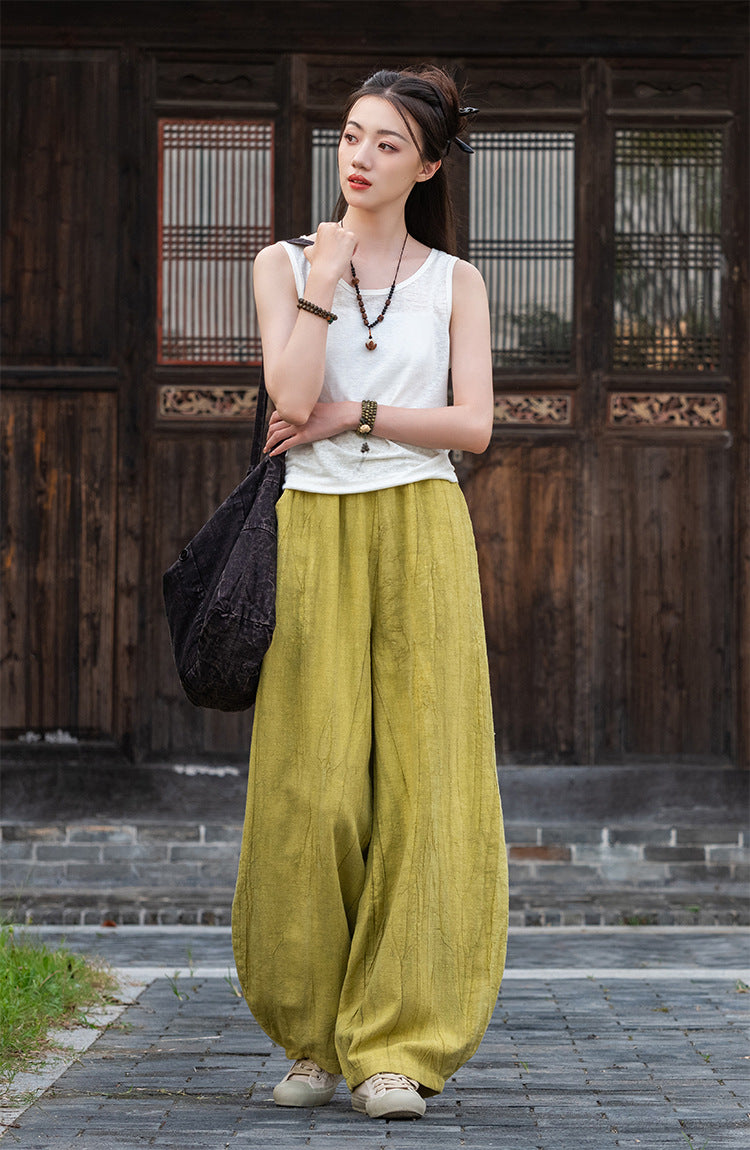 Casual Dyed Linen Wide Legs Pants