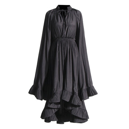 Designed V Neck Ruffled Long Sleeves Cloak Dresses