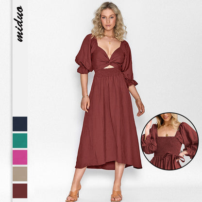 Summer High Waist Long Sleeves Double Sides Midi Dresses