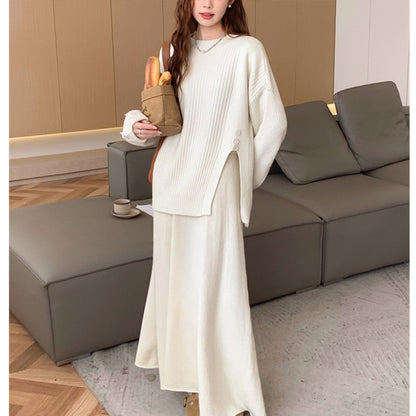 Casual Round Neck Knitted Sweaters & Split Front Skirts