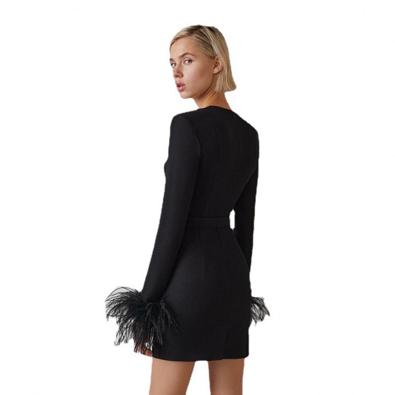 Sexy Square Neckline Feather Design Mini Dresses