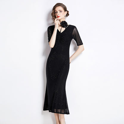 Luxury Designed Diamond 3d Flowers Black Long Dresses