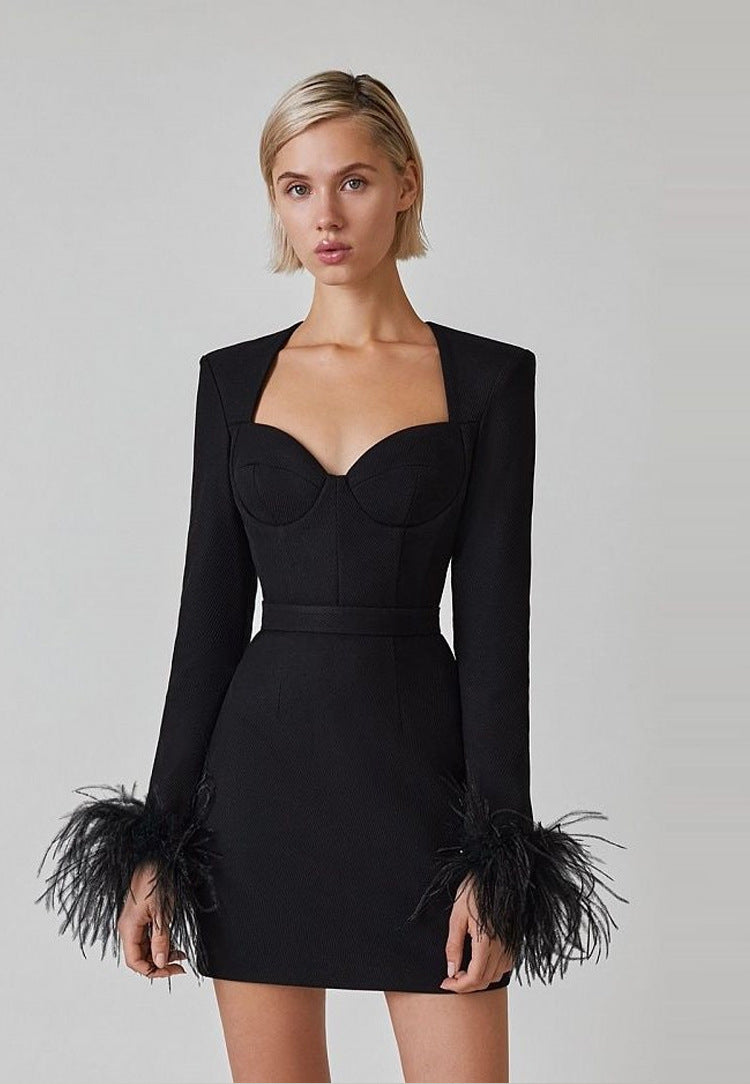 Sexy Square Neckline Feather Design Mini Dresses