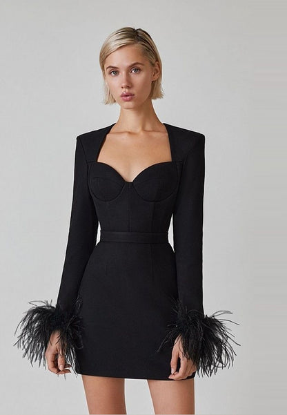 Sexy Square Neckline Feather Design Mini Dresses