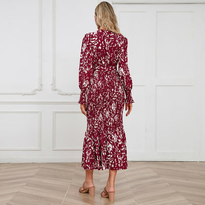 Elegant V Neck Floral Print Mermaid Long Dresses