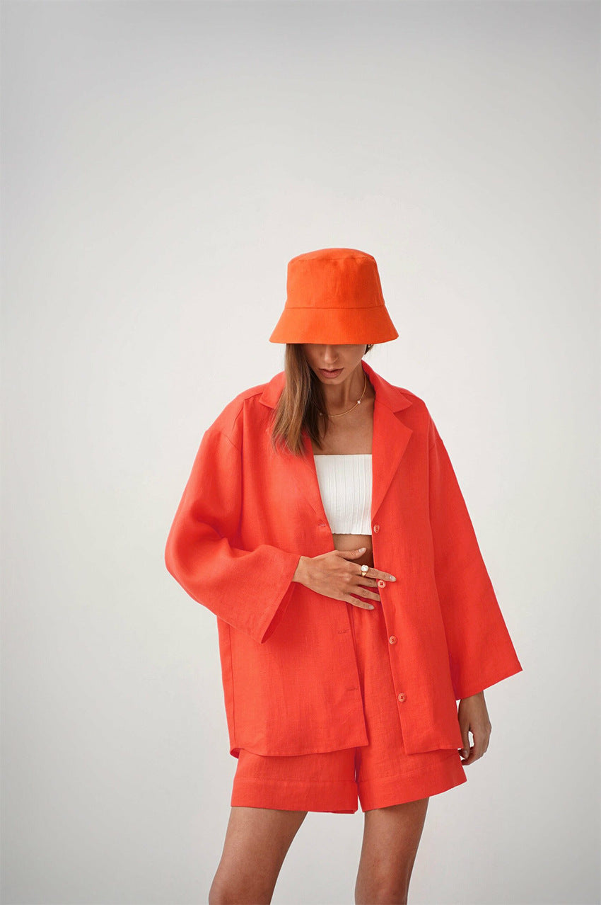 Summer Cotton Long Sleeves Shirts and Shorts Suits