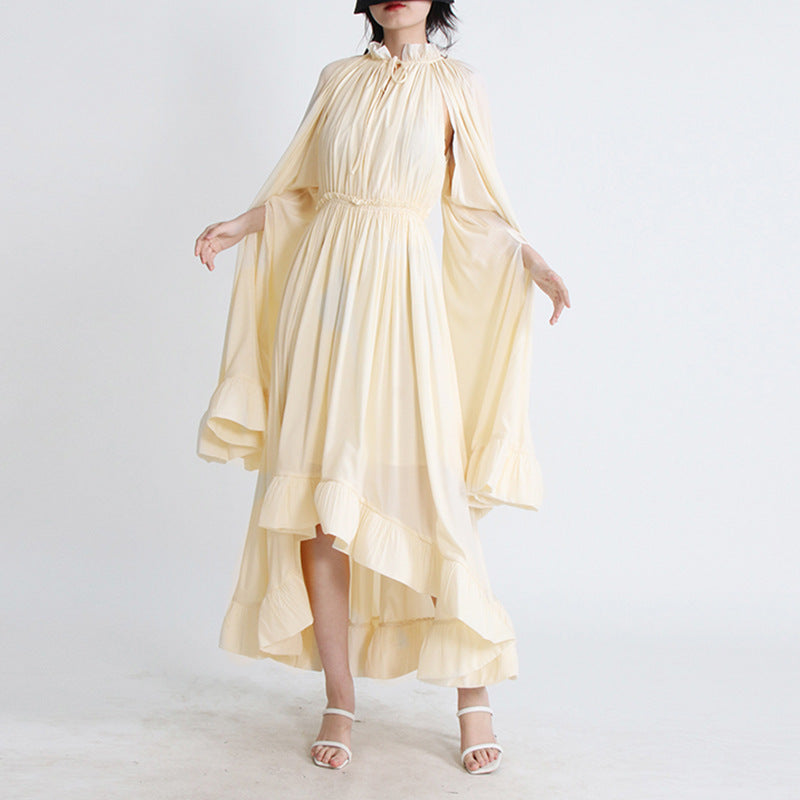 Designed V Neck Ruffled Long Sleeves Cloak Dresses