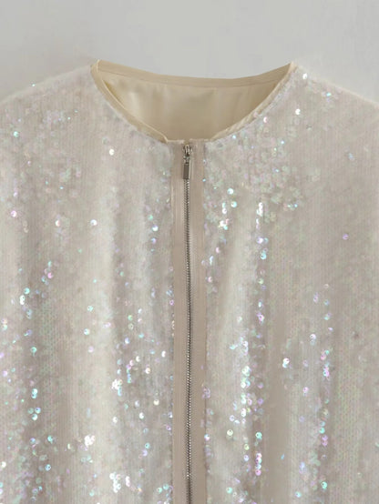 Fashion Sequined Round Neck Top Coats