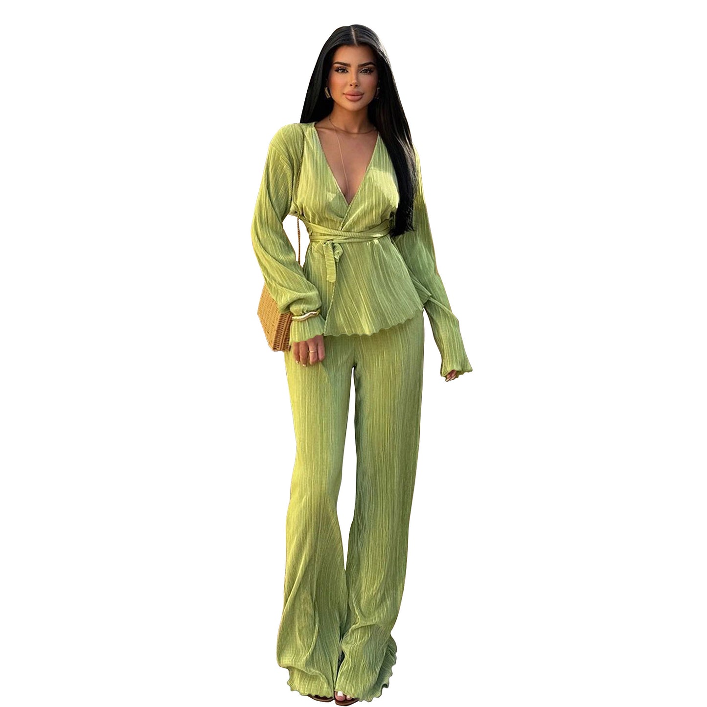 Casual V Neck Long Sleeves Tops and Pants Two Pieces Suits