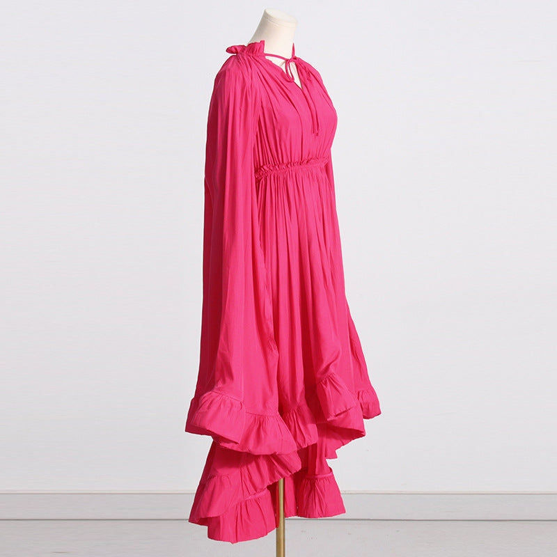 Designed V Neck Ruffled Long Sleeves Cloak Dresses
