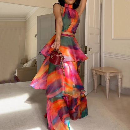 Fashion Floral Print Sleeveless Tiered Cake Dresses