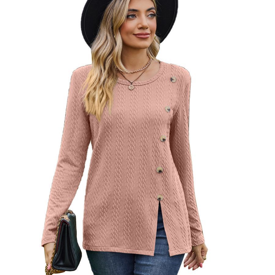 Fashion Round Neckline Button Long Sleeves Shirts