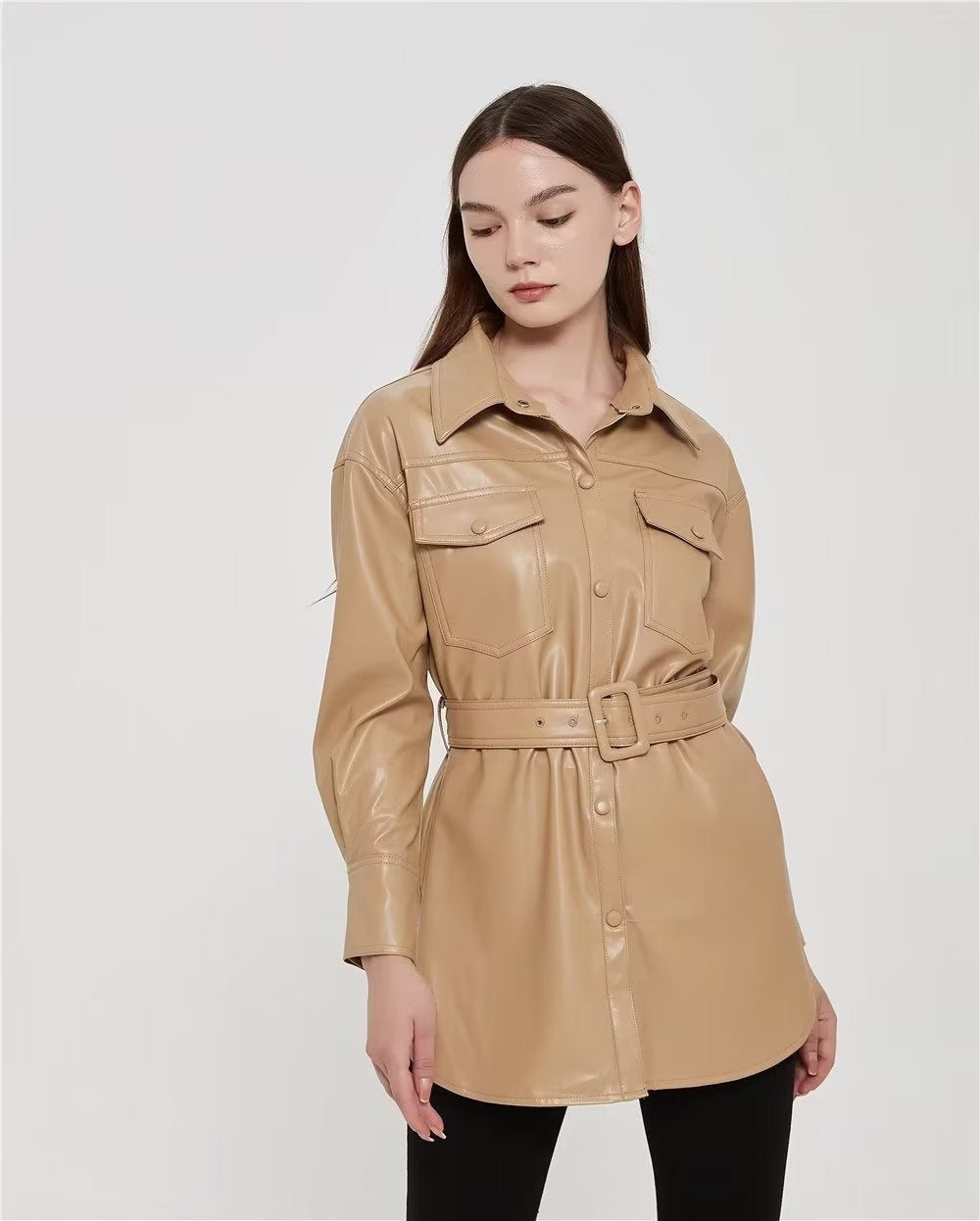 Fashion Casual Pu Leather Jackets Coat with Belt