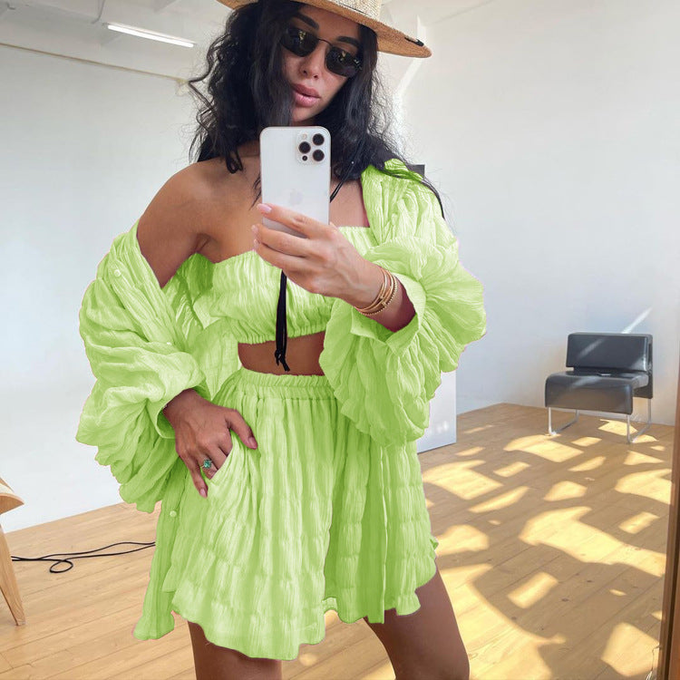 Casual Summer Long Sleeves Shirts with Strapless Tops and Shorts 3pcs Sets
