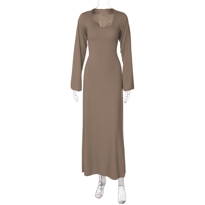 Sexy U Neck Back Lace Up Long Sleeves Dresses